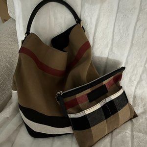Burberry Ashby Bucket Bag with attached pouch inside.